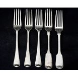 Four silver nineteenth century table forks, differing dates and makers including Eley,