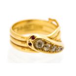 A diamond set serpent 18ct yellow gold ring, five graduated diamonds set to the head,