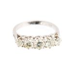 A diamond five stone white gold ring, five round brilliant cut diamonds,