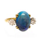A black opal and white sapphire 18ct yellow gold three stone ring,