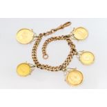 A five gold coin bracelet, comprising 1/10 Krugerrand, five dollar maple leaf, 1898 Russian coin,