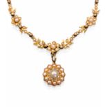 A Victorian pearl and diamond cluster pendant on a seed pearl floral chain,