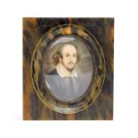 A 19th Century oval portrait miniature of Shakespeare, on ivory, signed Dirby, tortoiseshell frame,