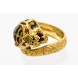An 18ct gold and enamel tiger head ring, set small ruby eyes, approximately 12.