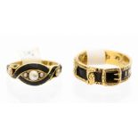 Two Victorian 18ct gold and black enamelled mourning rings, one seed pearl set, 1851,