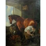 19th Century English School, study of a Bay horse in a Smithy with a Farrier shoeing,