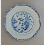 An 18th Century Chinese octagonal plate decorated in blue and white, 21.