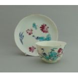 A Bow Tea Bowl and Saucer with Famille Rose type decoration, circa 1754, tea bowl 7 cm diameter,
