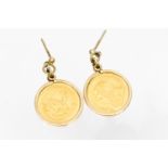 A pair of 1/10 Krugerrand drop earrings in 9ct gold bezel mounts, approximately 8.