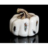 A Japanese Shibayama carved ivory gourd, set with amber, abelone and mother of pearl insects,