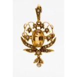 A Victorian citrine and seed pearl set pendant/brooch,