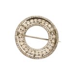 An Art Deco diamond three-row white metal openwork hoop brooch,