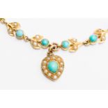 An Edwardian 15ct gold turquoise and seed pearl bracelet suspended with a heart dropper and safety