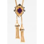 An amethyst and diamond set enamelled sliding choker pendant and chain with double tassle ends,