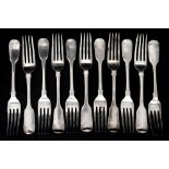 Eleven nineteenth century English silver table forks,