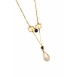 An Edwardian pearl drop and sapphire set 15ct gold pendant on chain,