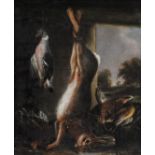 Hutchinson, R (British) (XIX), sporting study of dead game in a barn interior, oils on wooden panel,