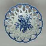 A Worcester blue and white pierced round basket, printed 'Pine Cone' pattern in underglaze blue,