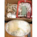 A box of EPNS including silver plated tray, cut glass cruet set,