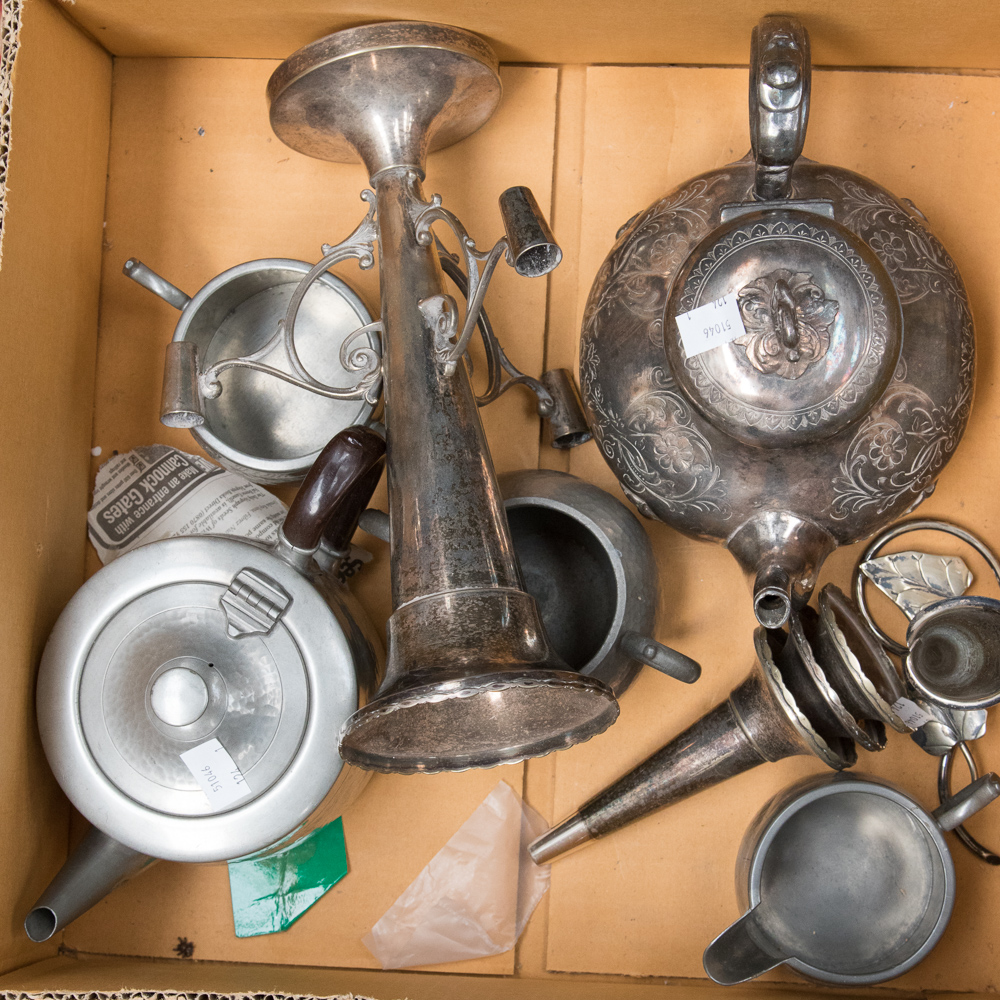 One box of metal ware including epergne,