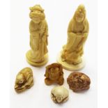 A group of six resin and ceramic faux Ivory figures and netsukes (6)