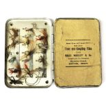 A Wheatley fly box containing flies and a card 'Roger Woolley & Co, Marston Road, Hatton,