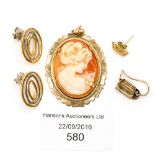 A 9 ct gold shell cameo pendant together with a white and yellow metal pair of earrings,