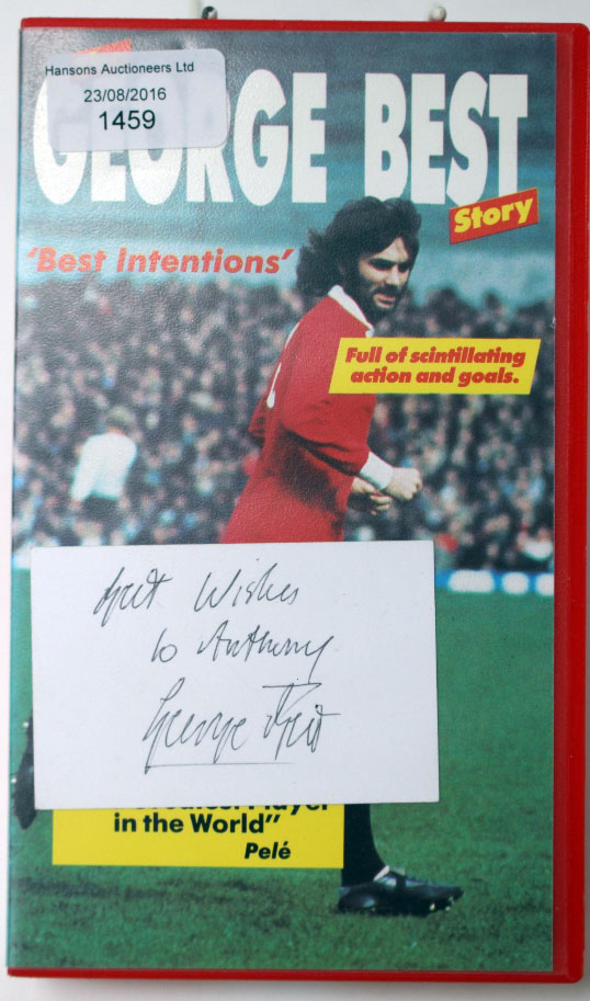 Football autograph: a video casette of 'The George Best Story' with a signed card on the front with