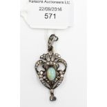 An opal and diamond set garland style drop pendant, the central opal approx.