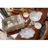 A cut glass table centre on EPNS stand, with matching serving bowl and a box of decanters,