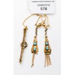 A pair of yellow metal and turquoise drop earrings (a/f),