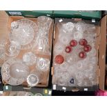 Two boxes of assorted glassware, comprising cut glass decanters, vases,