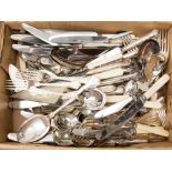 A box of loose silver plated King's pattern cutlery together with other cutlery and flatware