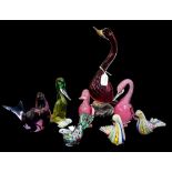 A collection of eight various Murano glass birds, latticio, aventurine,