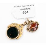 A Victorian bloodstone and cornelian set swivel fob, marked '10',