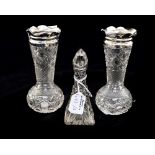 A pair of Edwardian hob nail cut vases, Birmingham 1902, silver collars, with fluted top,