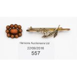 A 9 ct gold and seed pearl lily of the valley bar brooch,