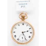 A 9 ct pocket watch, white enamel dial with black Roman numerals and subsidiary dial,