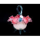 A Stourbridge 19th Century glass basket, opaque crimped glass with ruby interior, turquoise handle,