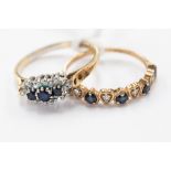 A diamond and sapphire, nine stone ring, size M 1/2, and a similar cluster ring,