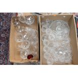 Two boxes of cut glass ware, comprising Webb Corbett , Royal Brierley etc, cut glass cake stand,