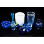 Various blue glass, decanter base,