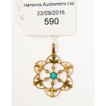 An Edwardian 9 ct gold pendant, set with turquoise and seed pearls, approx. 1.