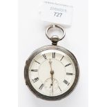 A silver pocket watch with enamel dial, Roman numerals and subsidiary dial,