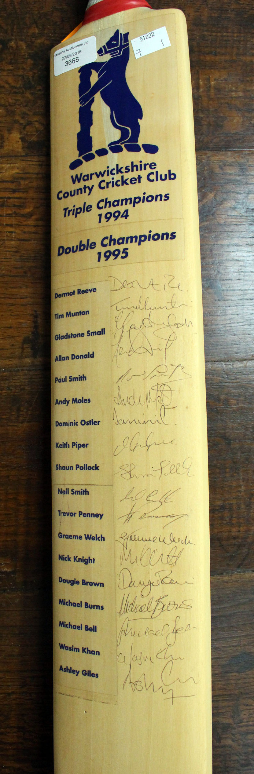 A 1994/1995 Warwickshire County Cricket Club bat, signed Shaun Pollock,