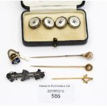 A gold and diamond stud tie pin, together with a gold tie pin, cufflinks,