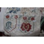 A white counter pane, embroidered linen wall hanging a/f with Tudor/Elizabethan motives,