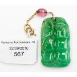 A Chinese jade pendant, carved as bamboo and stork on gold chain with rose quartz bead,