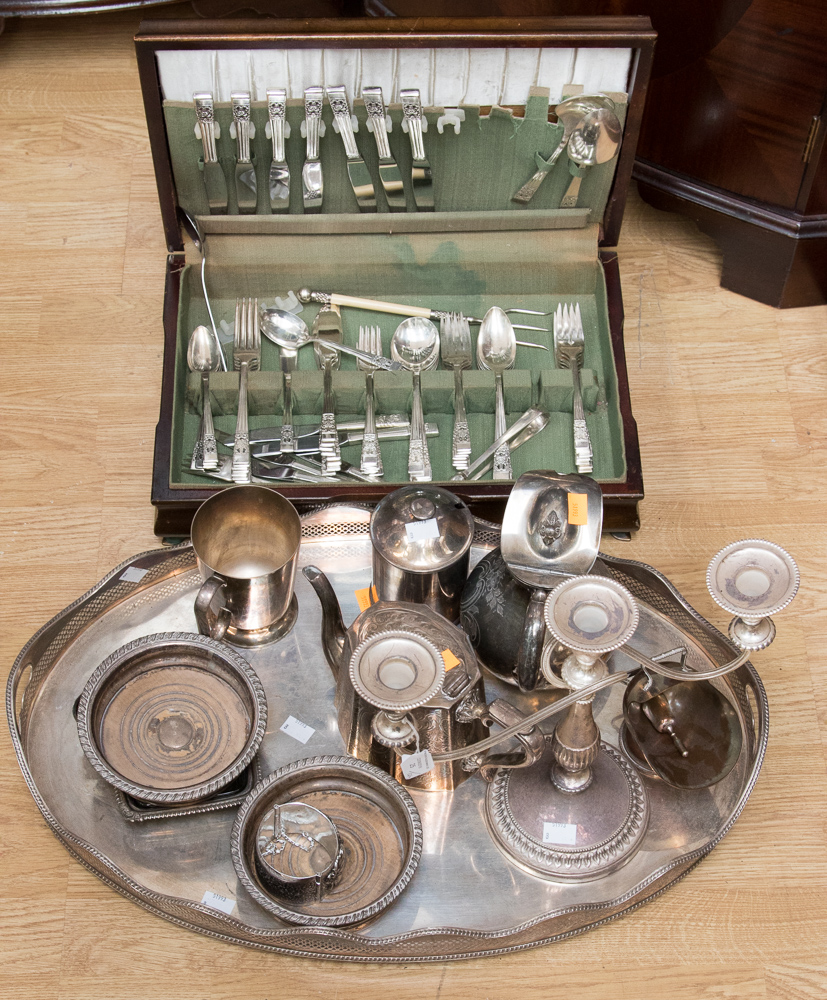 A small collection of plated and EP ware, to include tray,