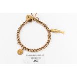 A 9 ct gold charm bracelet with padlock and two charms attached,